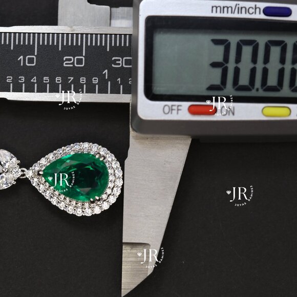.925 Sterling Silver Teardrop Earrings with Emerald-Tone CZ and Clear CZ Halo. - Picture 6 of 6